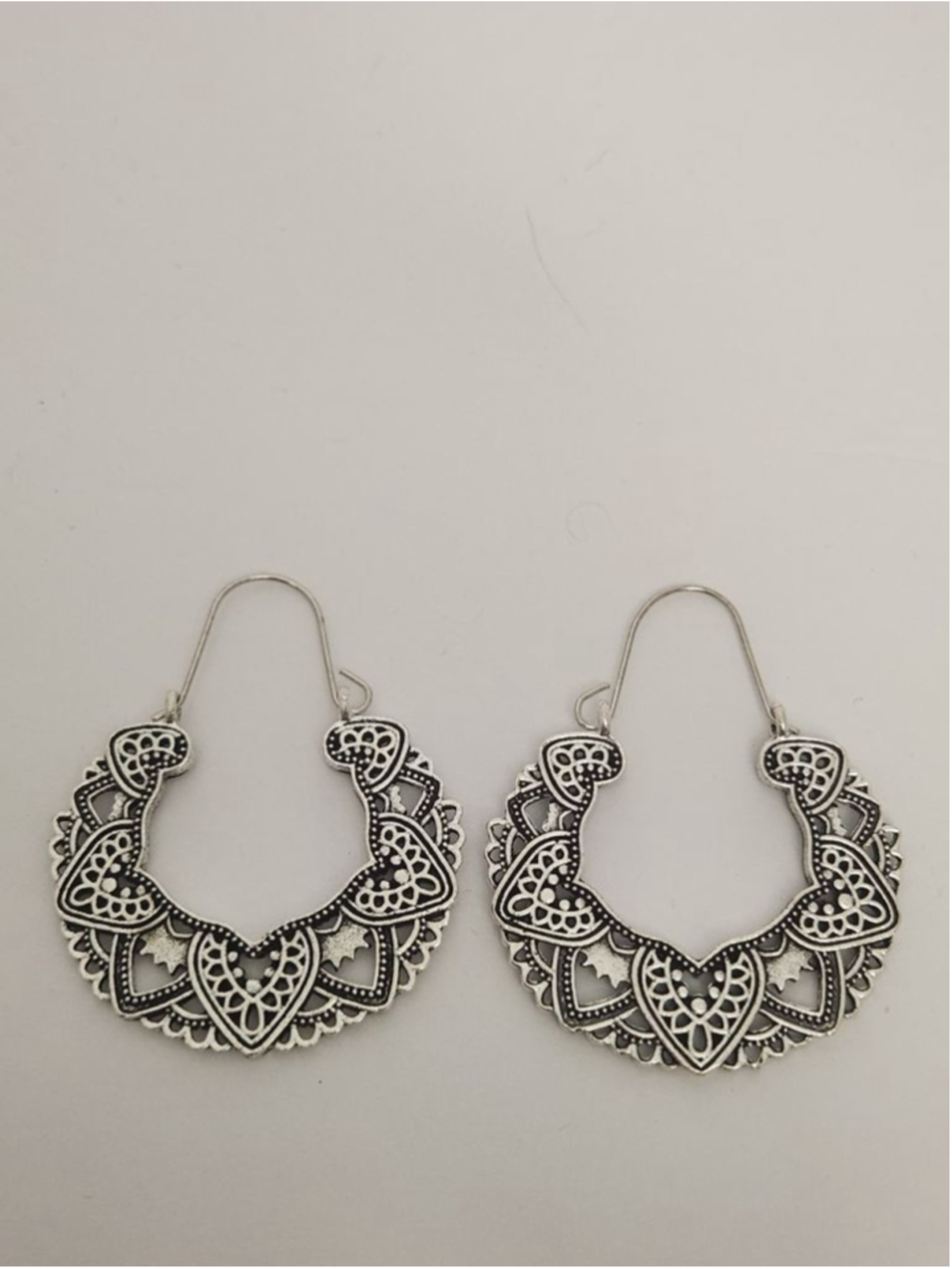 Silver Toned Crescent Bohemian Filigree Earrings With intricate designs